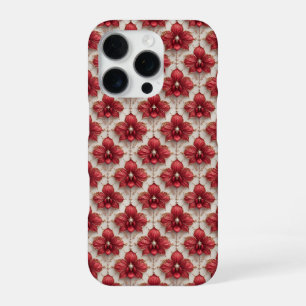 Coque iPhone 16 Pro Motif d'orchidée rouge élégant avec perles