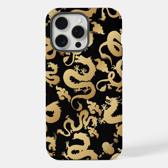 Coque iPhone Motif Dragons Dorés Fond Noir (Verso)