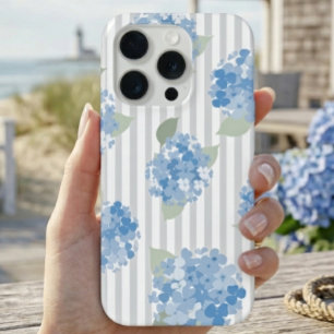 Coque iPhone 15 Pro Motif Élégant d'Hydrangea Bleue Rayure Grise