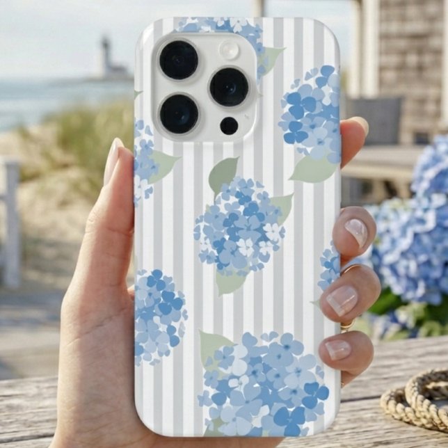 Coque iPhone Motif Élégant d'Hydrangea Bleue Rayure Grise (Créateur téléchargé)