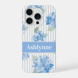 Coque iPhone 15 Pro Motif Élégant d'Hydrangea Bleue Rayure Grise Nom