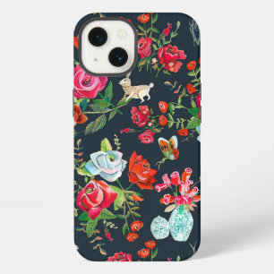 Etui iPhone 13 Motif élégant Jardin de roses secret noir et rouge