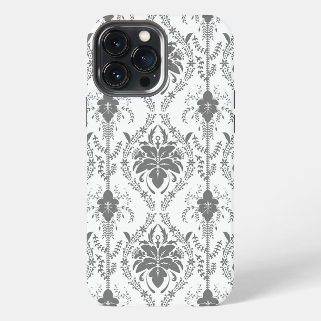 Coque iPhone Motif en dentelle de Damas blanc et gris (Verso)