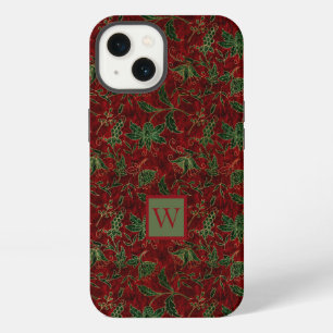 Etui iPhone 13 Motif en faux velours rouge et vert avec initiale