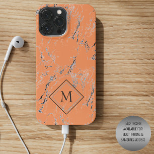 Etui iPhone 13 Pro Max Motif en marbre noir gris sur Saumon orange