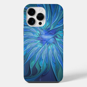 Coque Pour Pour iPhone 14 Pro Max Motif fantaisie de fleur bleue, art fractal abstra