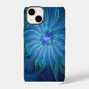 Coque Pour iPhone 14 Motif fantaisie fleur bleue, art fractal abstrait