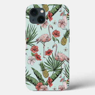 Etui iPhone 13 Motif flamant hawaïen dessiné à la main