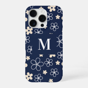 Coque iPhone 16 Pro Motif fleur crème bleu marine rétro