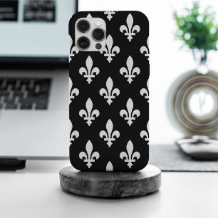 Coque iPhone 15 Pro Max Motif Fleur de Lis, Royal Français, Blanc sur Noir