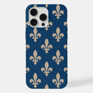 Coque iPhone 15 Pro Max Motif Fleur de Lis, Royal Français, Crème sur Bleu