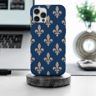 Coque iPhone 15 Pro Max Motif Fleur de Lis, Royal Français, Crème sur Bleu