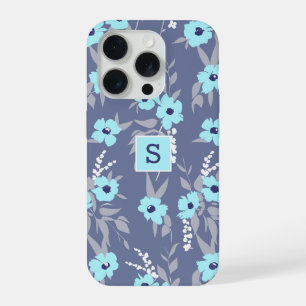 Coque iPhone 15 Pro Motif Fleurs Bleues Jolies Monogramme / Initiale