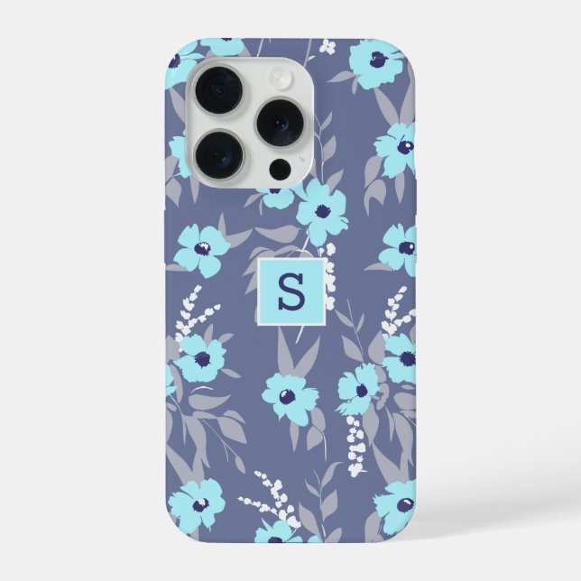 Coque iPhone Motif Fleurs Bleues Jolies Monogramme / Initiale (Verso)