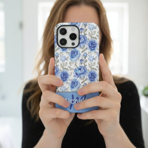 Coque iPhone 16 Pro Max Motif floral à l'aquarelle bleue élégant avec nom 