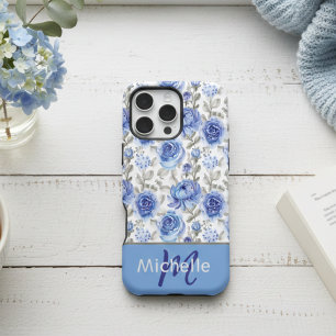 Coque iPhone 16 Pro Max Motif floral à l'aquarelle bleue élégant avec nom