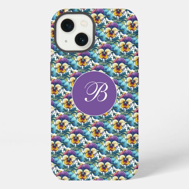 Coque iPhone Motif floral à monogramme girly Purple Pansy Patch (Verso)