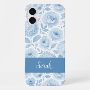 Coque iPhone 16 Plus Motif floral aquarelle bleu blanc Nom