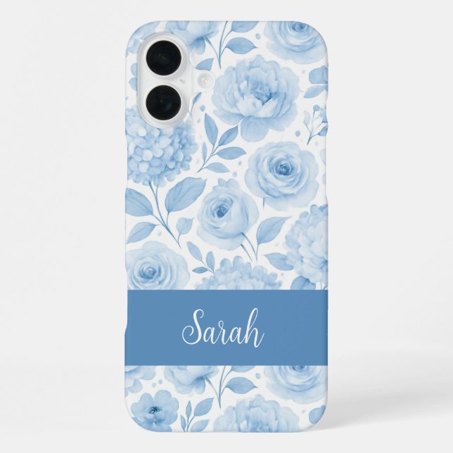 Coque iPhone Motif floral aquarelle bleu blanc Nom (Verso)