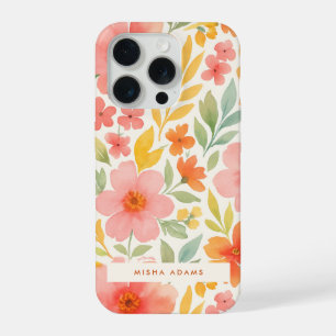 Coque iPhone 15 Pro Motif floral aquarelle rose orange vif