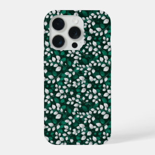Coque iPhone 15 Pro Motif floral blanc feuille émeraude élégant