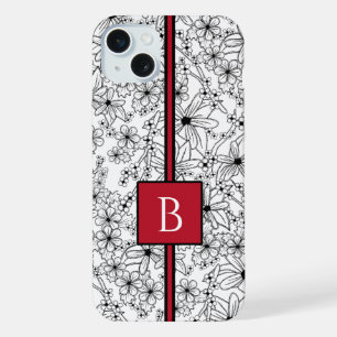 Coque iPhone 15 Plus Motif floral blanc noir dessiné à la main et monog