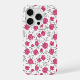 Coque iPhone 15 Pro Motif floral blanc rose rose dessiné à la main