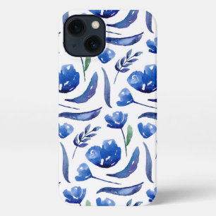 Etui iPhone 13 Motif floral bleu aquarelle. Fleurs de marine
