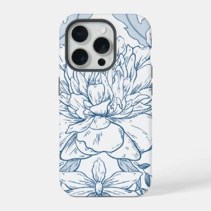 Coque iPhone 15 Pro Motif floral bleu gris