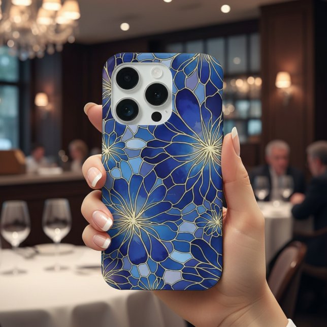 Coque iPhone Motif floral bleu or moderne (Créateur téléchargé)