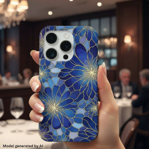 Coque iPhone 15 Pro Motif floral bleu or moderne