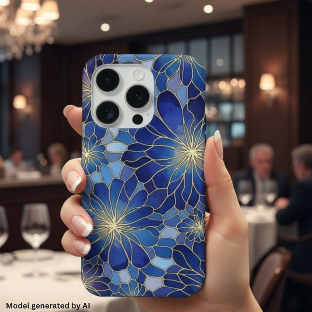Coque iPhone Motif floral bleu or moderne (Créateur téléchargé)