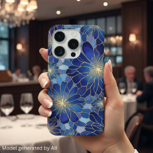 Coque iPhone 15 Pro Motif floral bleu or moderne