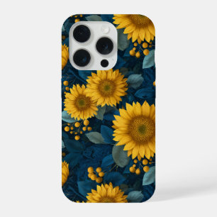 Coque iPhone 15 Pro Motif floral bleu tournesol jaune vintage