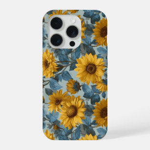 Coque iPhone 15 Pro Motif floral bleu tournesol jaune vintage