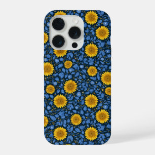 Coque iPhone 15 Pro Motif floral bleu tournesol jaune vintage
