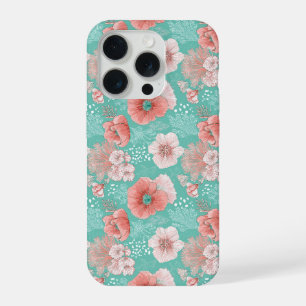 Coque iPhone 15 Pro Motif floral de corail dessiné à la main et de men