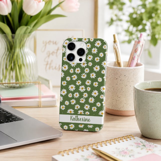 Coque iPhone Motif floral de marguerite boho vert Nom (Créateur téléchargé)