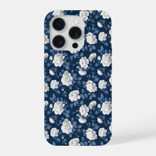 Coque iPhone 15 Pro Motif floral élégant rose navy blanc