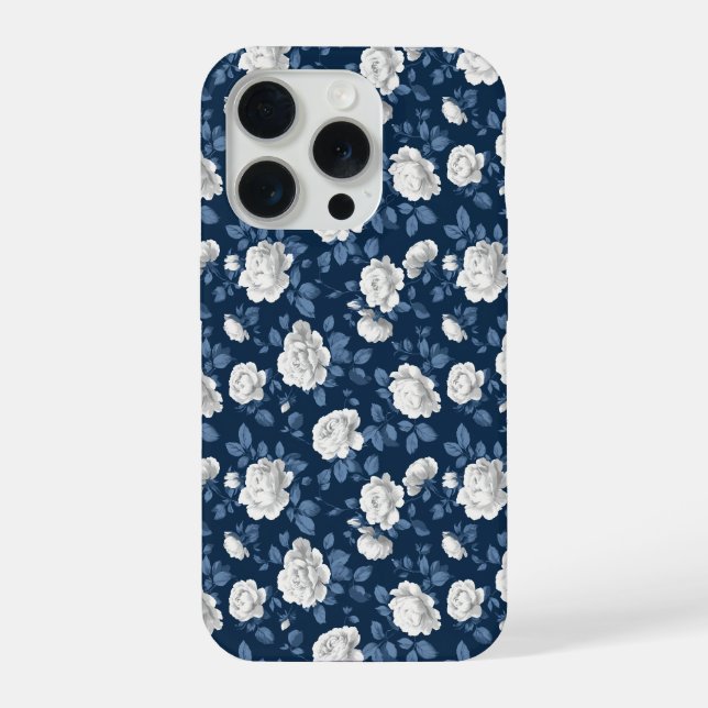 Coque iPhone Motif floral élégant rose navy blanc (Verso)