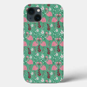 Etui iPhone 13 Motif floral flamant rose vert sans couture