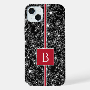 Coque iPhone 15 Plus Motif floral foncé Monogramme croquis noir rouge