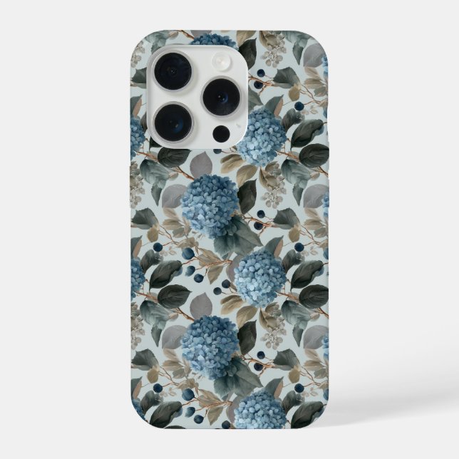 Coque iPhone Motif floral gris hydrangea bleu doux (Verso)