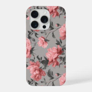Coque iPhone 15 Pro Motif floral gris rose poussiéreux romantique de p