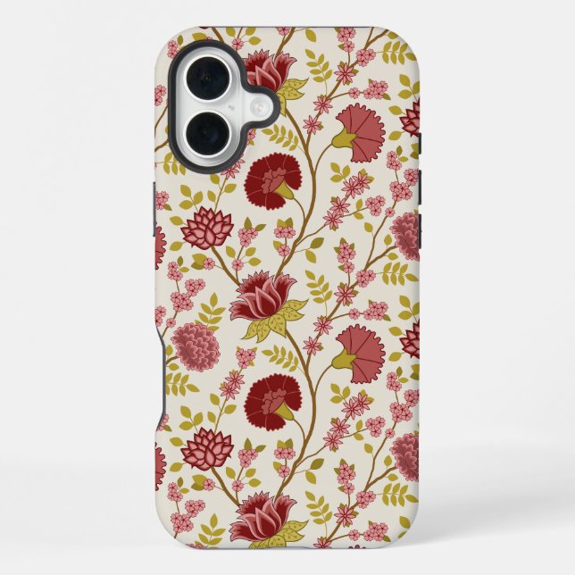 Coque iPhone Motif floral jacobéen rouges roses or crème (Verso)