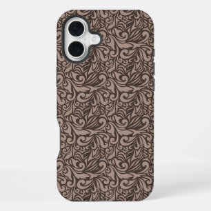 Coque iPhone 16 Plus Motif floral marron élégant sur fond rose clair