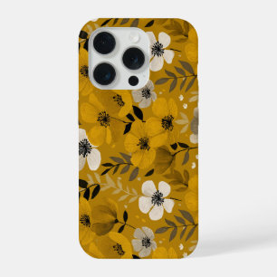 Coque iPhone 15 Pro Motif floral moutarde fleur ton chaud rétro