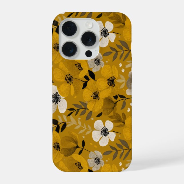 Coque iPhone Motif floral moutarde fleur ton chaud rétro (Verso)