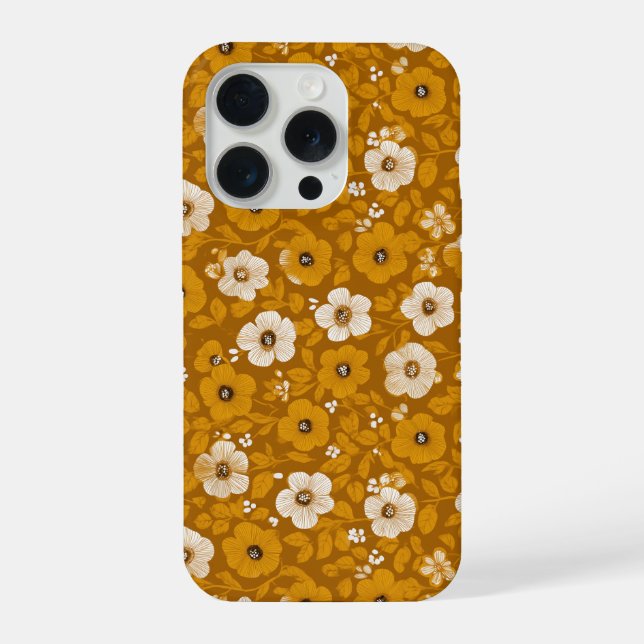 Coque iPhone Motif floral moutarde fleuri ton chaud rétro (Verso)