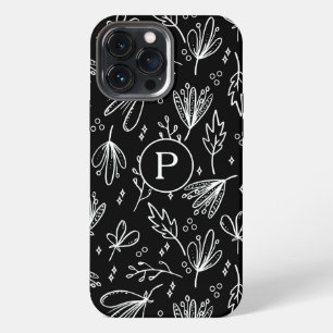 Etui iPhone 13 Pro Max Motif floral noir et blanc Monogram Moderne